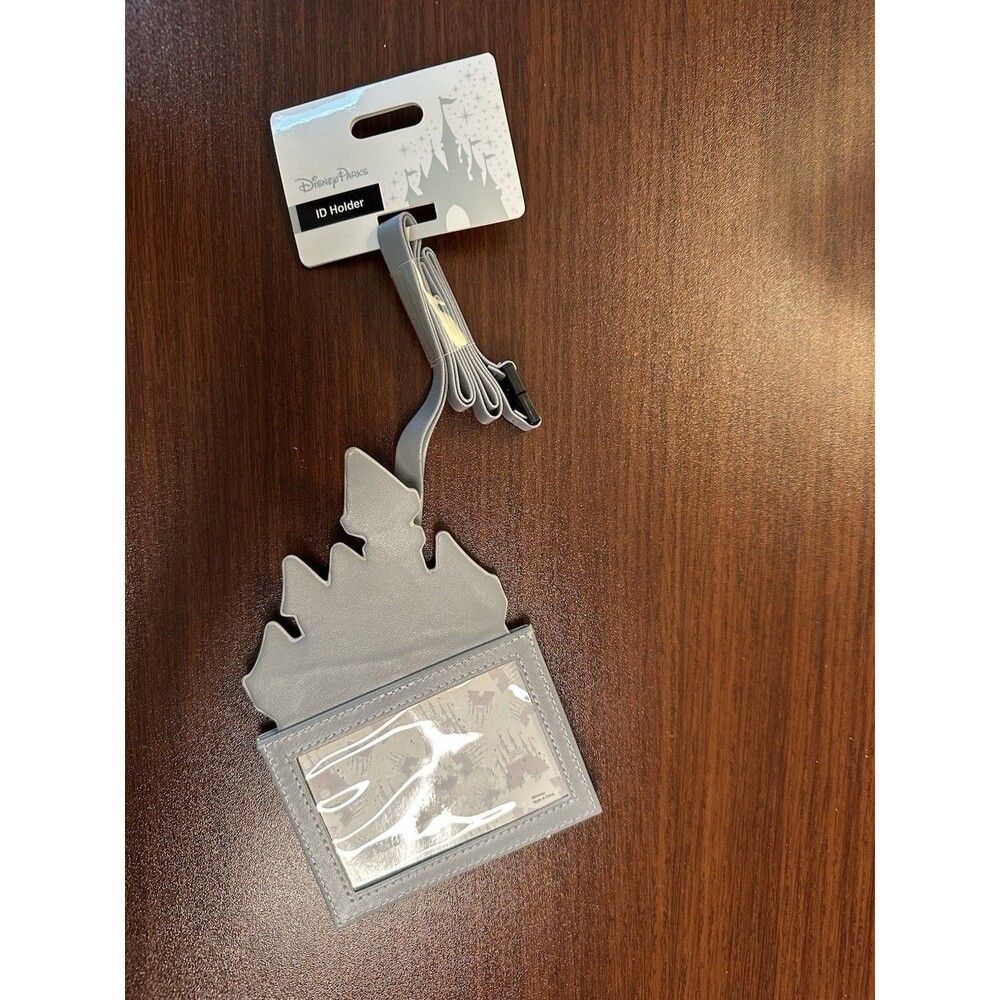 NWT Disney Parks Cinderella Castle Gray Necklace Lanyard ID Card Holder